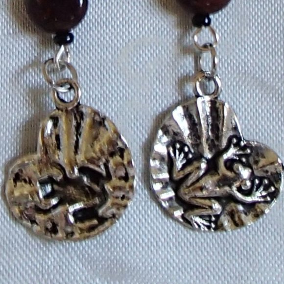 Pietersite Lemon Jade Frog Handcrafted Gemstone Sweeper Earrings Toad Lily Pad - Picture 5 of 7